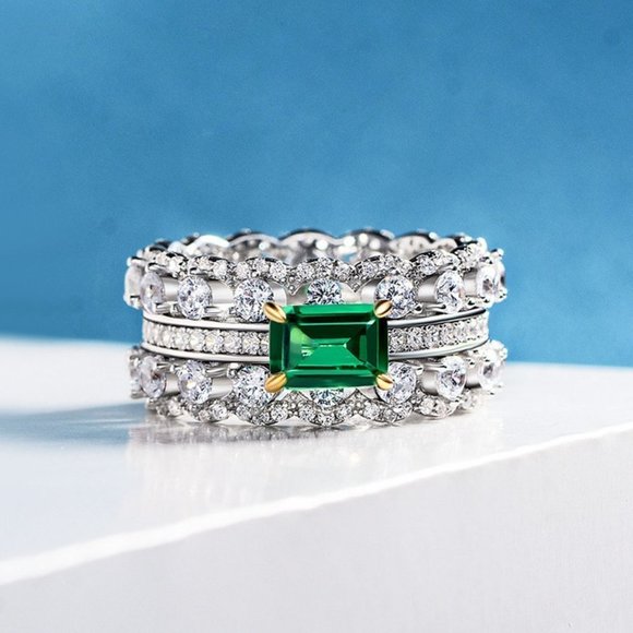 Noble Density Diamond Inlaid Luxury Emerald CZ Ring for Women, HA4406-6 - Picture 4 of 6